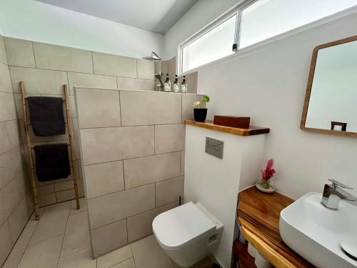 a bathroom with a toilet and a sink and a mirror at Fare Araea in HUH