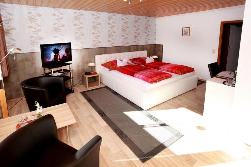 1 dormitorio con 1 cama y TV en Hotel Brunnenbach, en Braunlage
