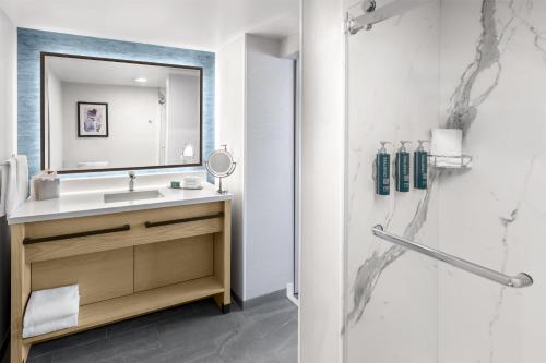 ein Badezimmer mit Waschbecken und Spiegel in der Unterkunft DoubleTree by Hilton Hotel South Bend in South Bend