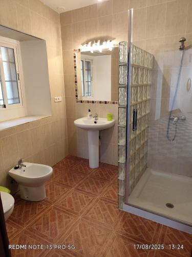 un bagno con lavandino, doccia e WC di Gustavo's Old House a Fiñana