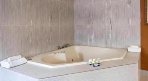 ein Badezimmer mit einer Badewanne mit Handtüchern darin in der Unterkunft Days Inn by Wyndham St. Charles IL in Saint Charles