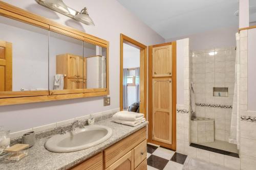 Un baño con lavabo y ducha en Mountain Retreat with River Views Near Sunday River and Year-Round Adventure, en South Rumford