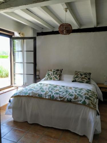 a bedroom with a bed in a room with a window at La résinière de pirique in Parentis-en-Born