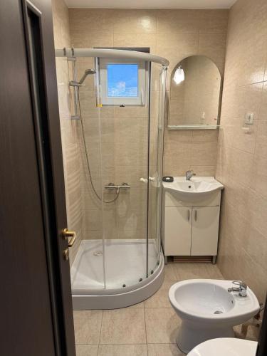 a bathroom with a shower and a toilet and a sink at Straja Mountain Escape in Lupeni