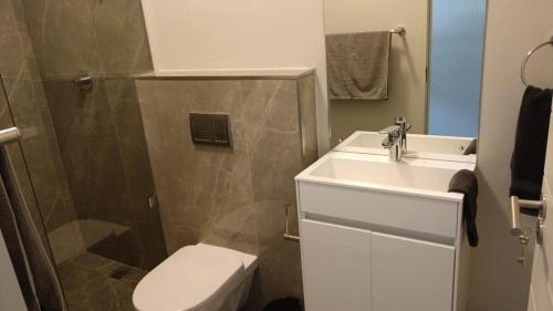 a bathroom with a sink and a toilet and a shower at Simons Town long beach Penthouse in Simonʼs Town