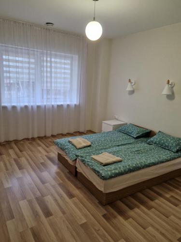 a bedroom with two beds and a large window at FB kotedžo apartamentai in Kretinga