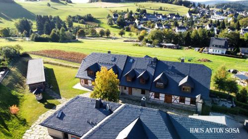 een luchtzicht op een huis met een dak bij Ferienhaus Anton in Eibenstock