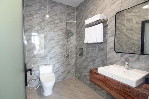 a bathroom with a sink and a toilet and a mirror at Hùng Anh Hotel in Phan Thiet