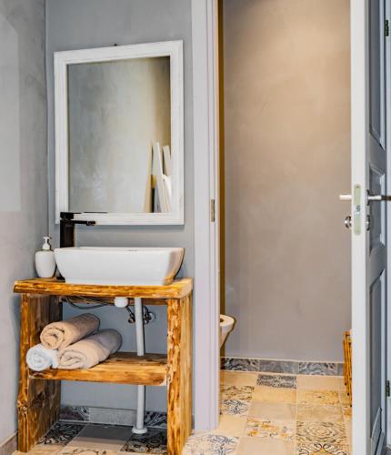 a bathroom with a sink and a mirror at Mooste mõisa Linakoja külalistemaja in Mooste