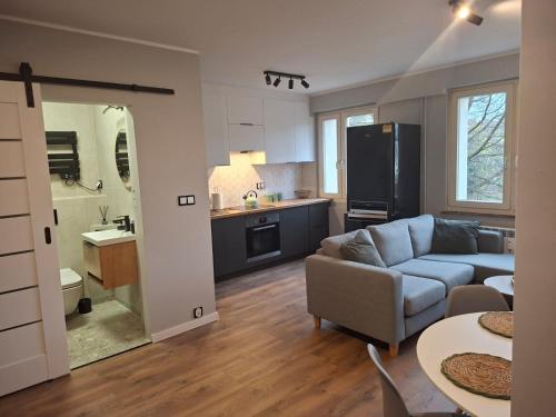 un soggiorno con divano e cucina di Jagiellonskie a Poznań