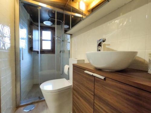 a bathroom with a sink and a toilet and a shower at Casa do Talasnal by Refúgio ao Luar in Talasnal