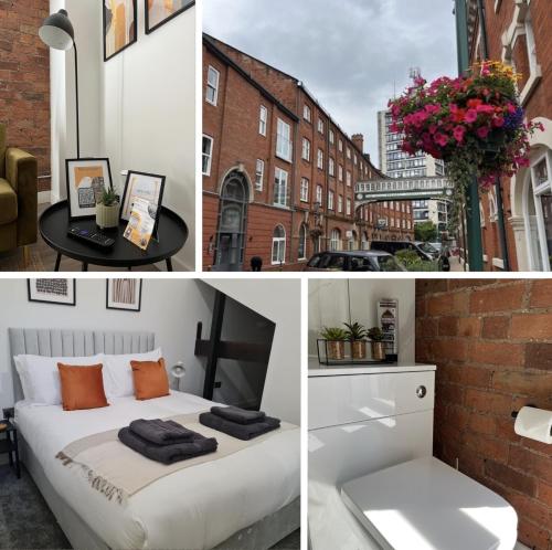a collage of photos with a bed in a room at Urban City Centre Apartment 1 Private Parking in Hull