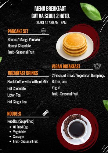 Een menukaart voor een café met pannenkoeken en een kop koffie. bij Cat Ba hotel & apartment in Hang Suối