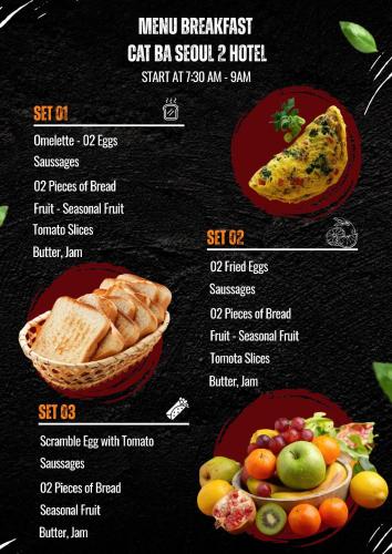 Een menukaart voor een café met verschillende soorten gerechten. bij Cat Ba hotel & apartment in Hang Suối