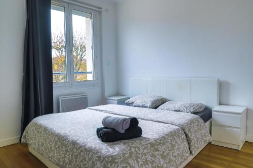a bedroom with two beds and a window at Le TRIANGLE D OR B in Vaires-sur-Marne