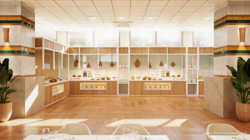 Habitación grande con cocina con mesas y sillas. en Hotel Riviera Costa del Sol - Adults Recommended, en Benalmádena