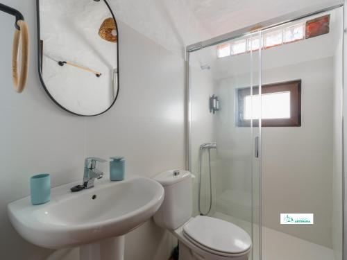 a bathroom with a sink and a toilet and a mirror at Living Artenara - CAVE HOUSE & TERRACE Adults Only in Artenara