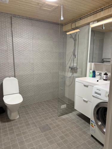 a bathroom with a toilet and a washing machine at Apartment Kaarto in Seinäjoki