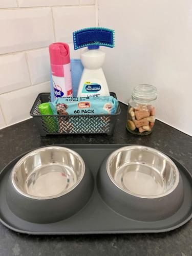 two stainless steel plates sitting on a counter with a sink at Southside Street Apartments in Plymouth
