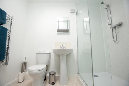 a bathroom with a toilet and a shower and a sink at PERFECT BUSINESS ACCOMMODATION at SIDINGS FARM - Luxury Cottage Accommodation - Fully equipped & Self Catering in Pidley