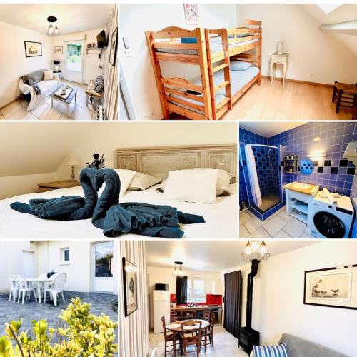 a collage of pictures of a bedroom and a living room at Coté Baie-Plage à 15min-Dog friendly-Parking clos in Villers-sur-Authie