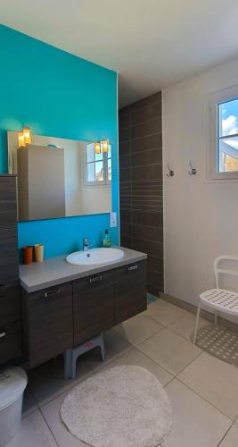 a bathroom with a sink and a mirror and a toilet at Gite 10pers, Piscine couverte, CRITEUIL,Charente in Criteuil-la-Magdeleine