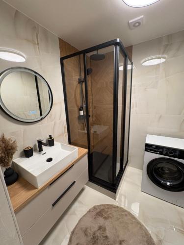 Un baño con lavabo y ducha en VG-Apartment, en Košice