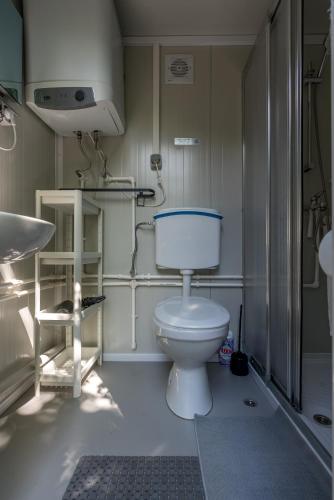 a bathroom with a toilet and a sink at glamping luxe caravan in Oosterend
