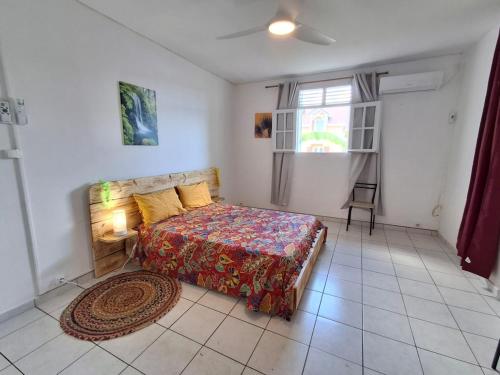 ein Schlafzimmer mit einem Bett und einem Fenster in der Unterkunft Villa Le Bananier in Sainte-Rose