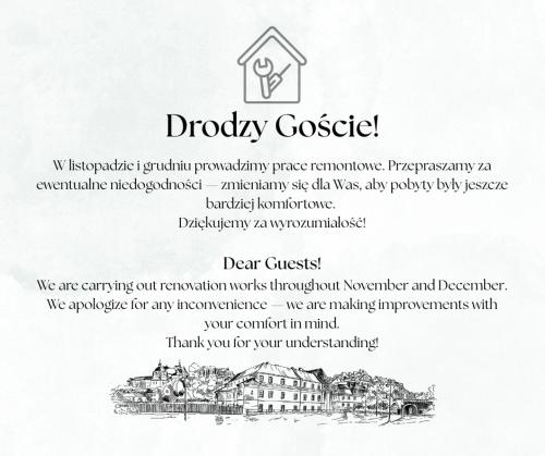 eine Seite eines Dokuments mit einer Zeichnung eines Gebäudes in der Unterkunft Dom na Podwalu in Lublin