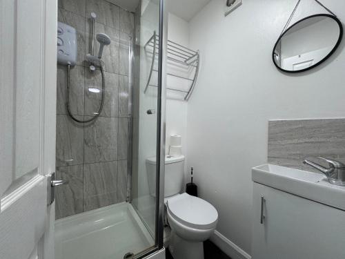 a bathroom with a toilet and a shower and a sink at Cosy Studio Escape in Ilkeston with Netflix in Ilkeston