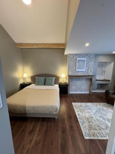 Un dormitorio con una cama y una chimenea. en L'Alcôve, en Langres