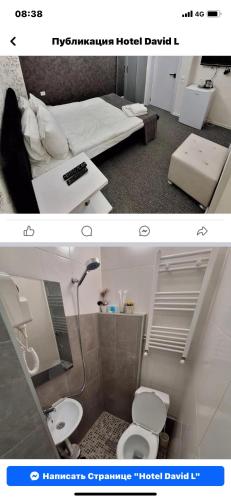two pictures of a bathroom with a bed and a toilet at DavidL Inn - Avlabari in Tbilisi City