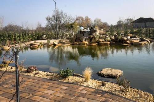 uno stagno in un giardino con delle rocce dentro di Armonia de pe lac a Buzău