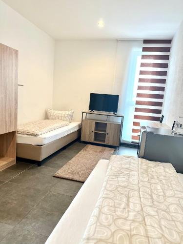 丁戈尔芬Gemütliches Doppelzimmer Gemeinschaftsbad的客厅里有一张沙发和一台电视