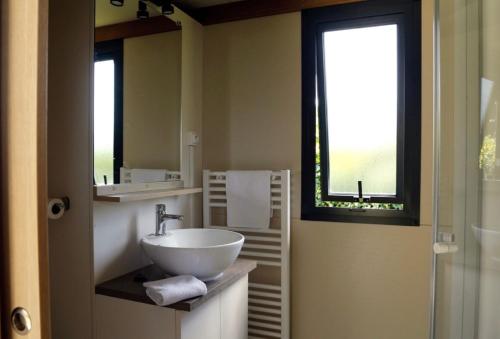 a bathroom with a bowl sink and a window at Chalet 20m2 - Sein in Plouhinec