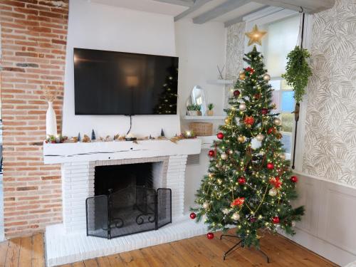 蓬托德梅尔Nid Normand building 1620 - 4 bedrooms - hyper center的客厅里有一棵带壁炉的圣诞树