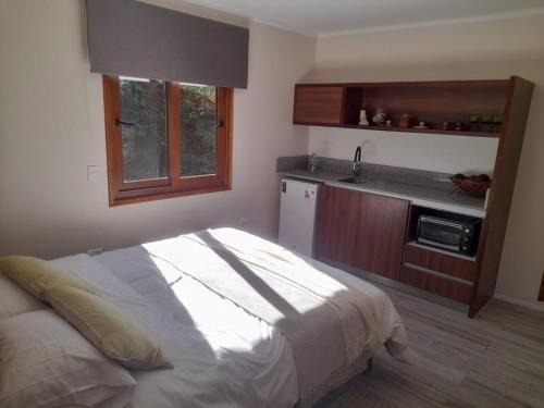 a bedroom with a bed and a kitchen with a sink at Refugio de montaña in El Manzano