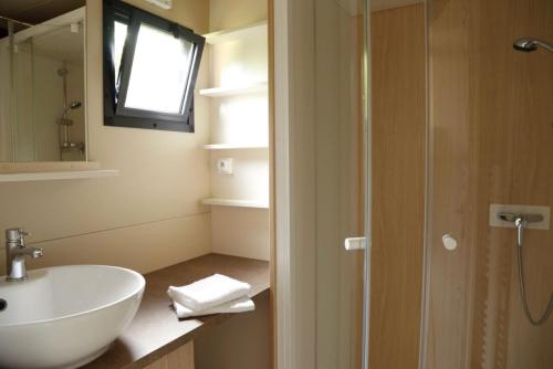 a bathroom with a sink and a glass shower at Chalet 25m2 - La Vieille in Plouhinec