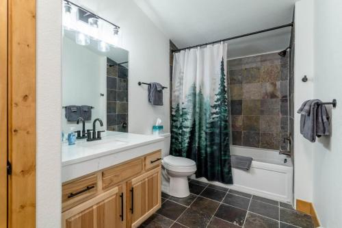 a bathroom with a sink and a toilet and a shower at 3 BR Fraser Apartment in Fraser