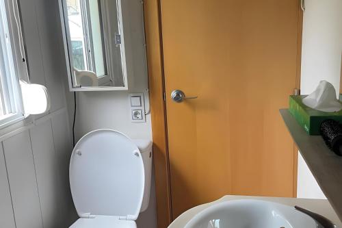een badkamer met een toilet, een wastafel en een spiegel bij Chalet Bungalow 2 Chambres 56 in LʼEstréchure