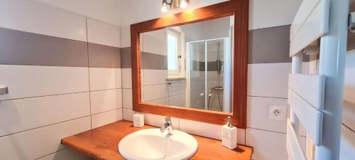 een badkamer met een wastafel en een spiegel bij Dans le centre de la Couarde, superbe villa familiale in La Couarde-sur-Mer