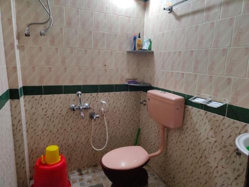 ein Badezimmer mit einem rosa WC und einer Dusche in der Unterkunft Canara Highway Home Stay in Ankola