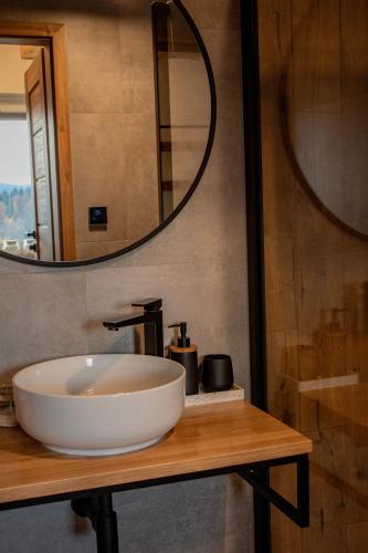 a bathroom with a white sink and a mirror at Domki Widokowe Wisła in Wisła