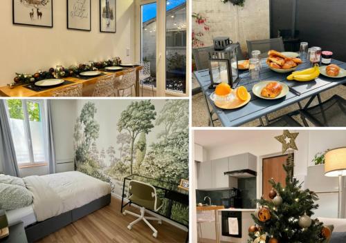 a collage of pictures of a room with a christmas tree at Family Stay & 20 min Disneyland Paris in Meaux