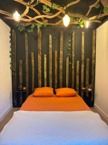 a bed with two orange pillows in a bedroom at Cocoon Ny - DURBUY in Hotton