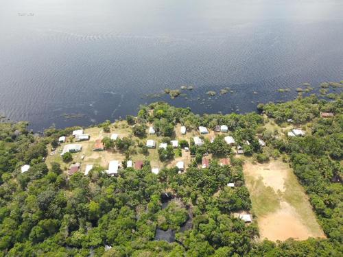 une vue aérienne d'une île dans l'eau dans l'établissement Luz Amazônia Lodge, à Iranduba
