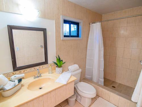 Un baño con lavabo, inodoro y ducha. en Bonsai Rentals - West Bay Private Rooms, en West Bay