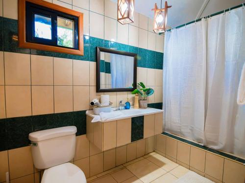 ウェスト・ベイにあるBonsai rentals - West Bay Private Roomsのトイレ、洗面台、鏡のあるバスルーム