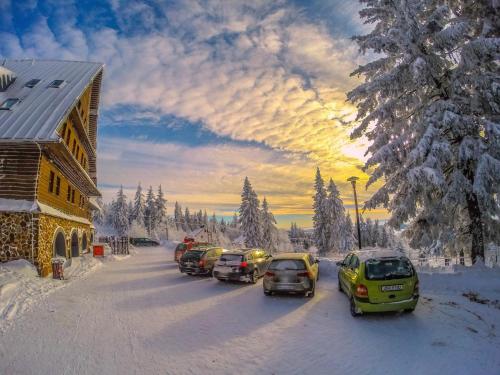 una fila de coches aparcados en una carretera cubierta de nieve en Kramářova chata, en Orličky